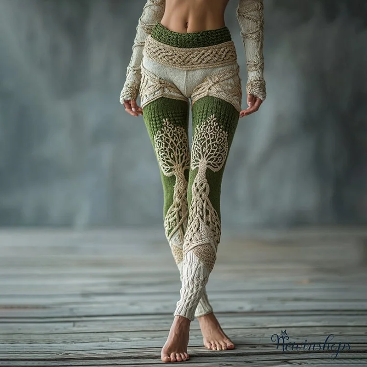 Women's Vintage Viking Tree Of Life Jacquard Warm Leggings