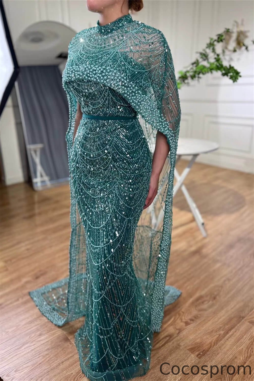 Cocosprom High Neck Mermaid Pearls Evening Dress With Cape Long Sequins Beads cocosprom