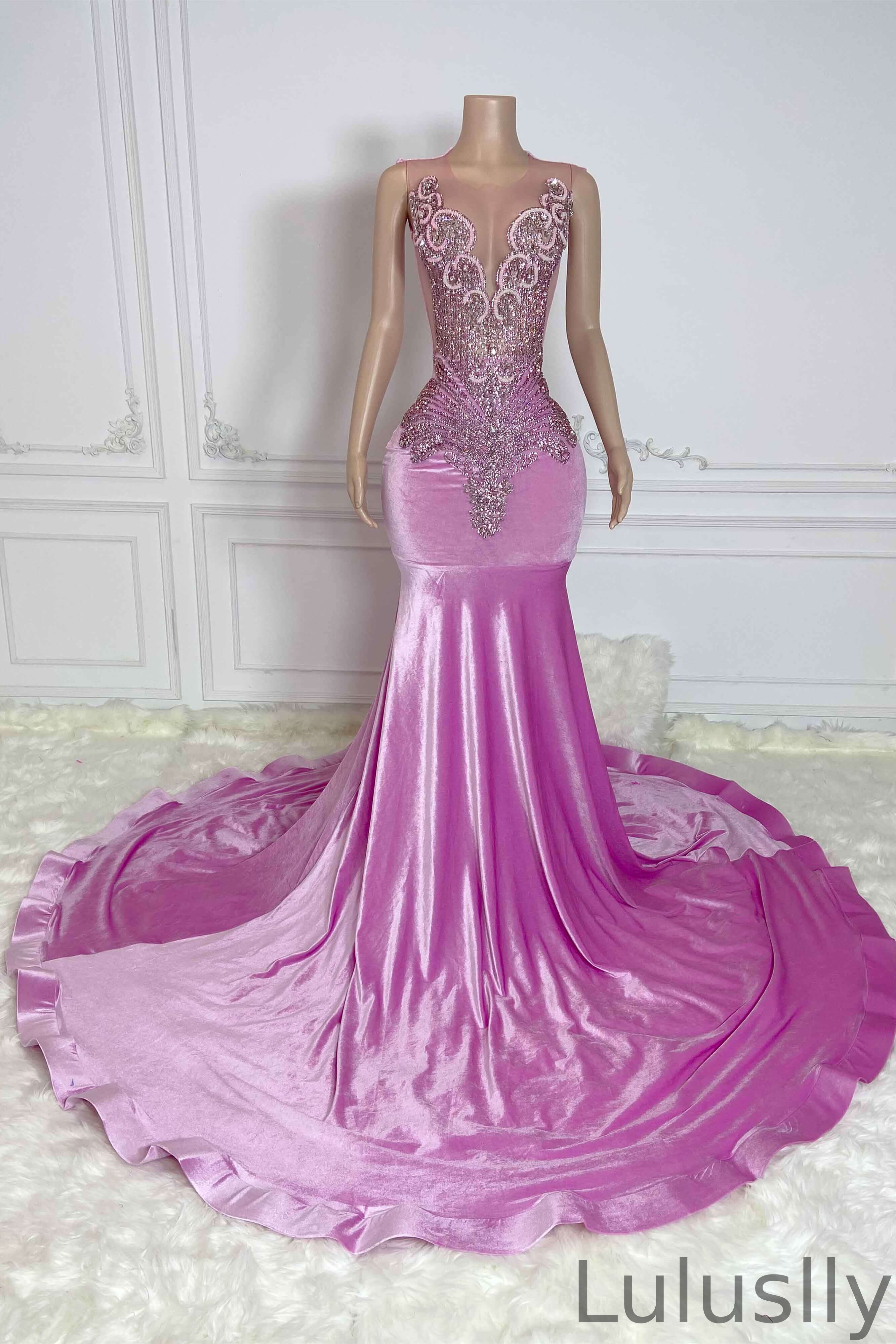 Luluslly Pink Scoop Sleeveless Mermaid Evening Gown With Beadings Velvet