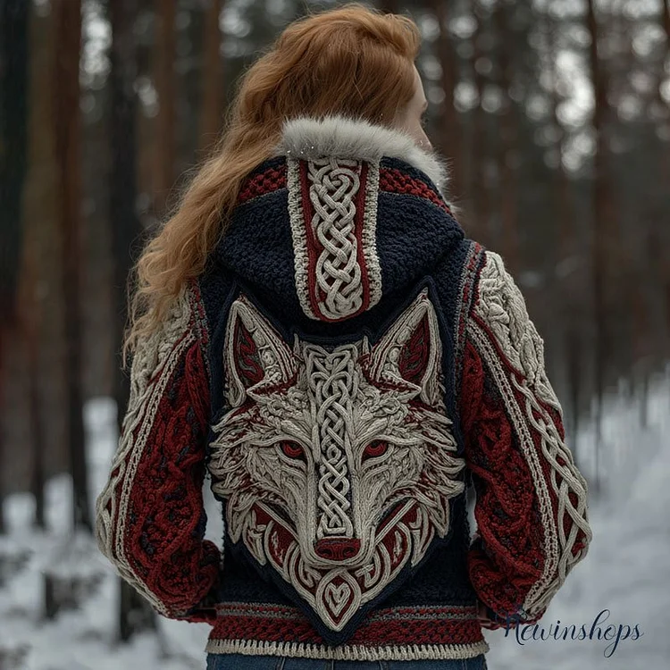 Women's Viking Retro Style Wolf Pattern Knit Hooded Sweater Jacket