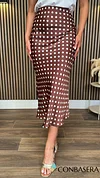 Rhea Brown Polka Dot Satin Midi Skirt