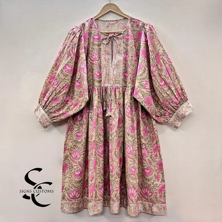 Floral Block Print Soft Cotton Summer Woman Midi Dress &ndash; Tunic for Women with String Closure