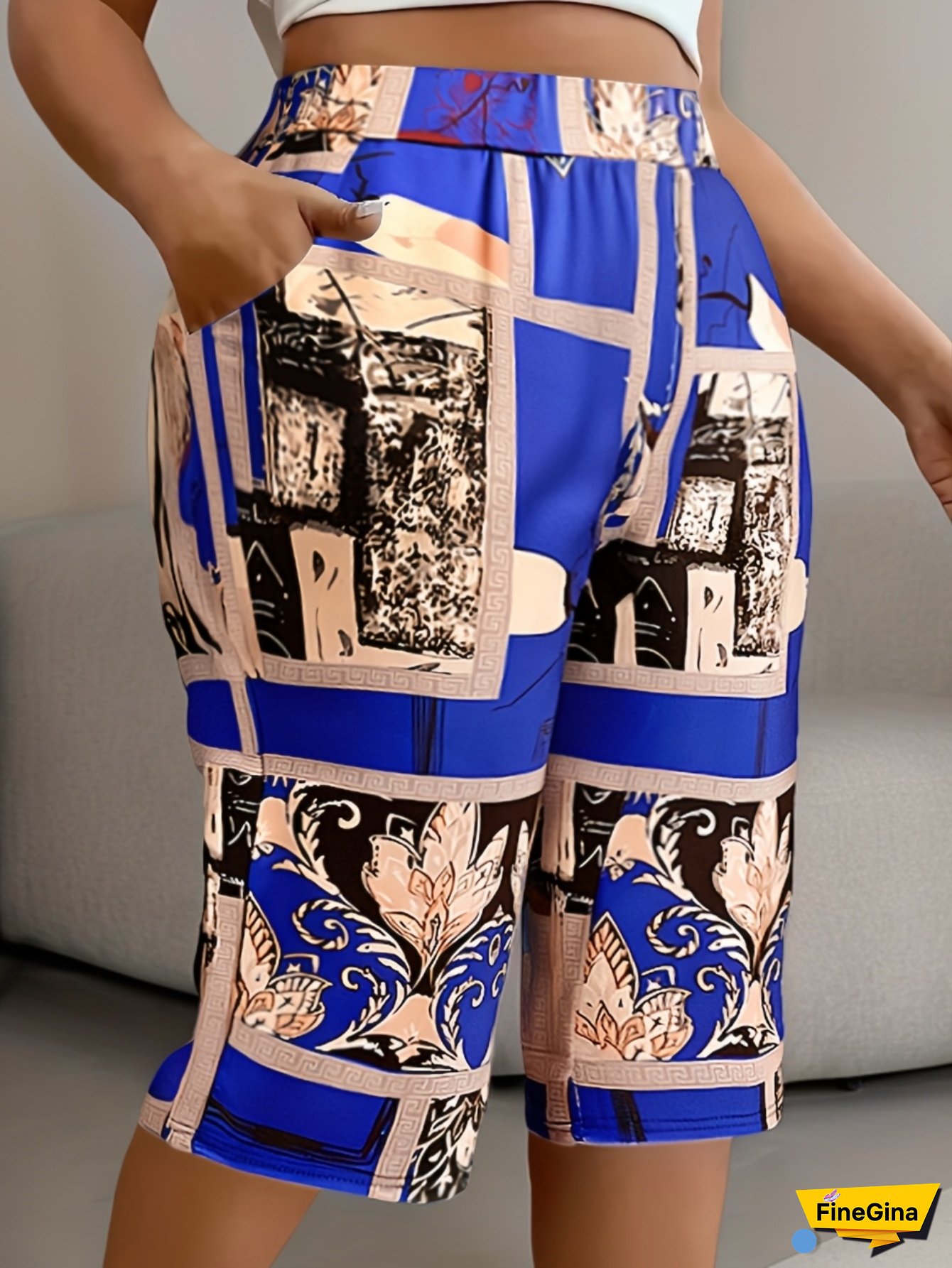 Women‘s Plus Size Floral Print Bermuda Shorts - Elegant Mid-Thigh Length, Stretch Fabric, Vibrant Blue & Golden Design, Comfortable Casual Wear, Plus Size Shorts