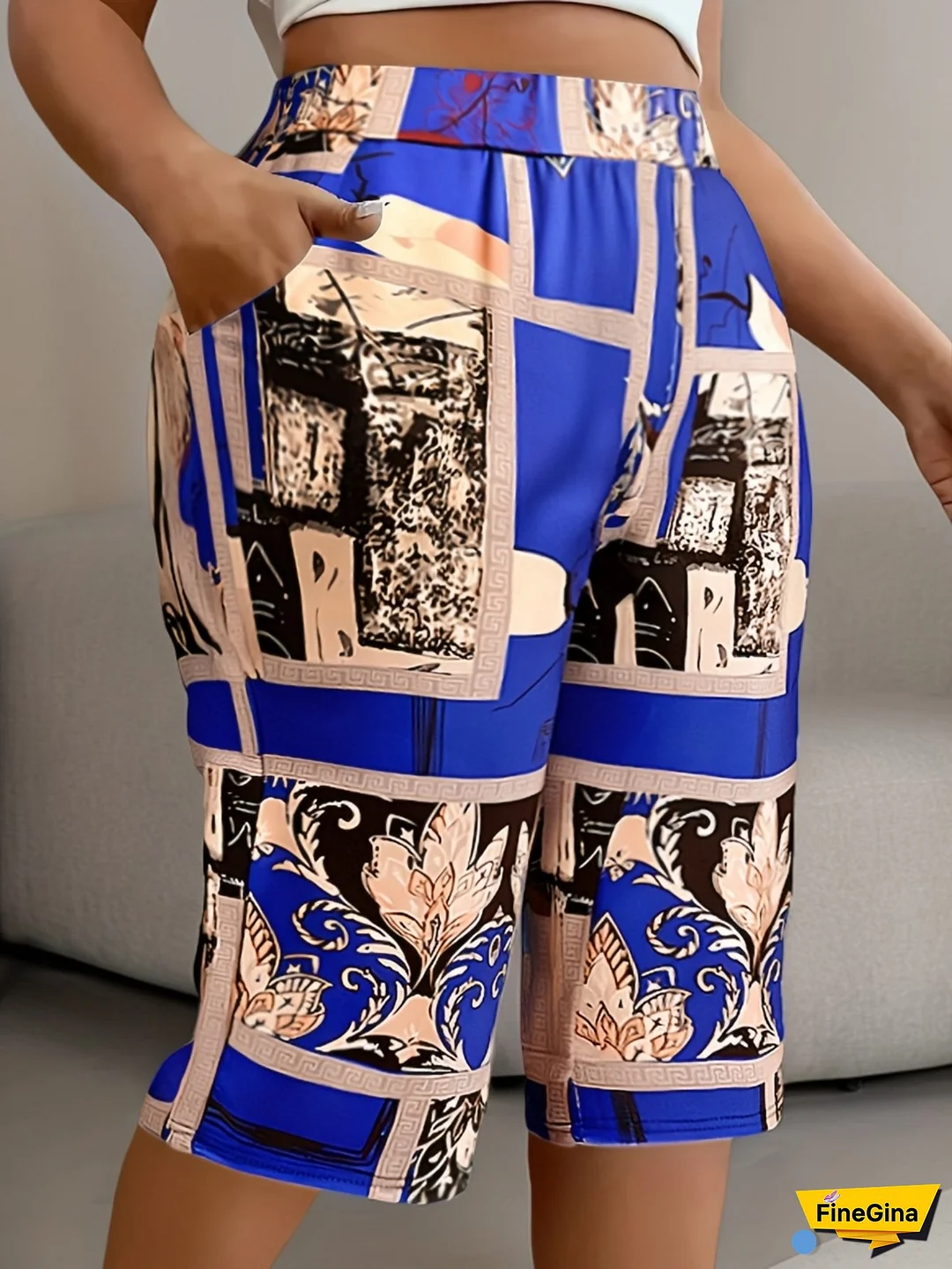 Women‘s Plus Size Floral Print Bermuda Shorts - Elegant Mid-Thigh Length, Stretch Fabric, Vibrant Blue & Golden Design, Comfortable Casual Wear, Plus Size Shorts