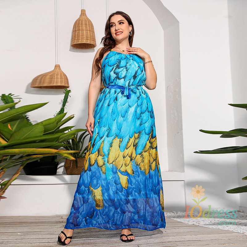 IO Dress Plus Size Tops Women Clothes French Style Beach Vacation Dress Bohemian Feather Print Maxi Dress Loose Fit for Tall Curvy Women