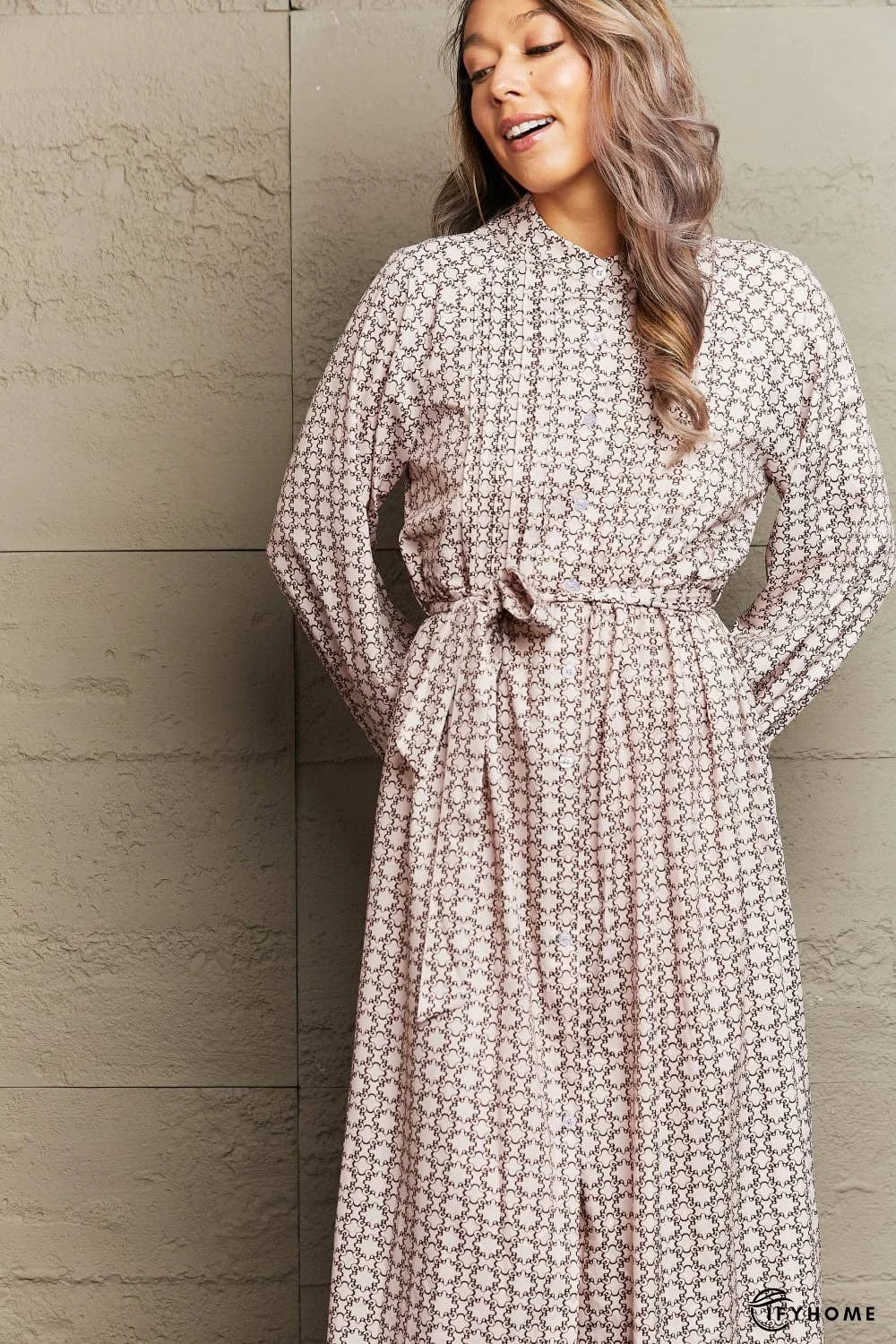 Printed Tie Waist Long Sleeve Dress | IFYHOME