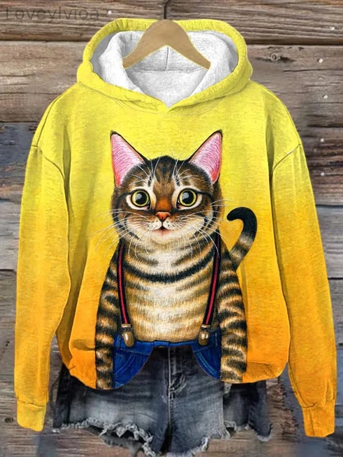 Women's Funny Cute Cat Print Hooded Sweatshirt
