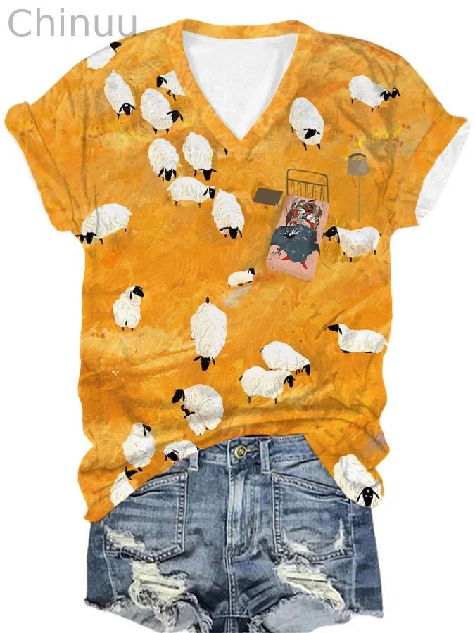 Women's Sheep Flock Print V-Neck Long Sleeve Top