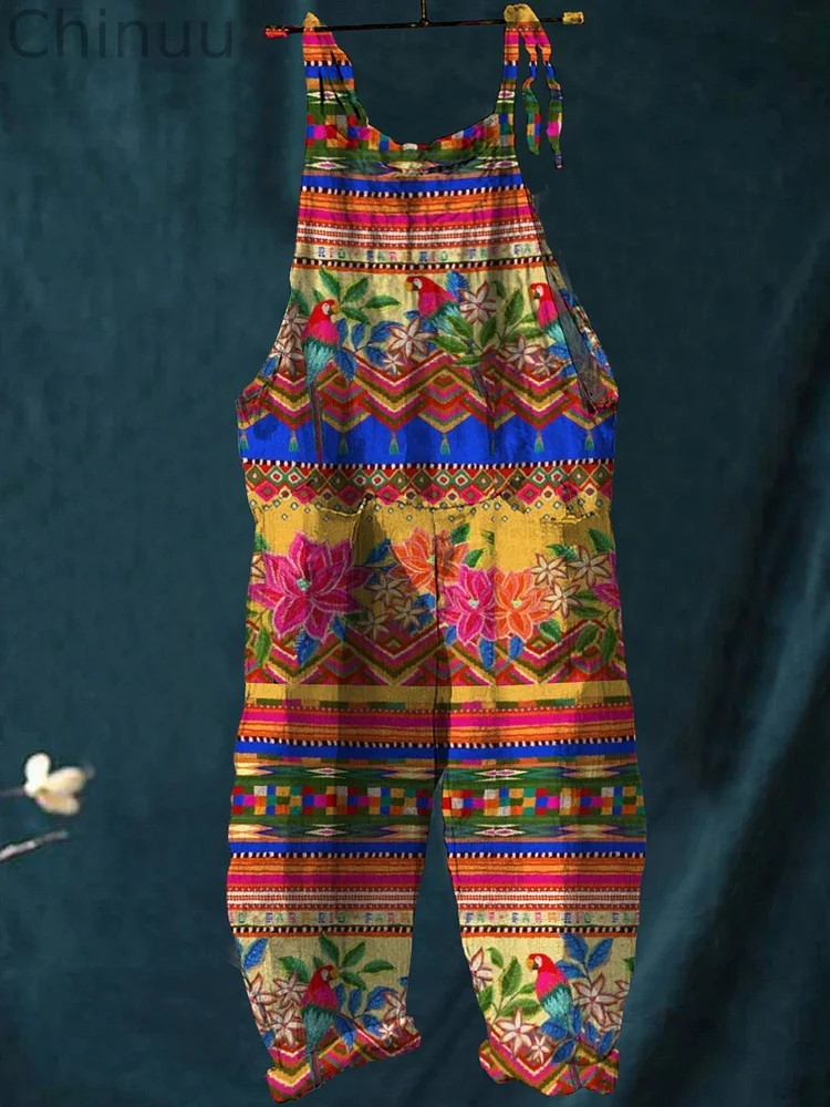 Ethnic Style Tropical Pattern Printed Women's Casual 100% Cotton Wide Leg Jumpsuit