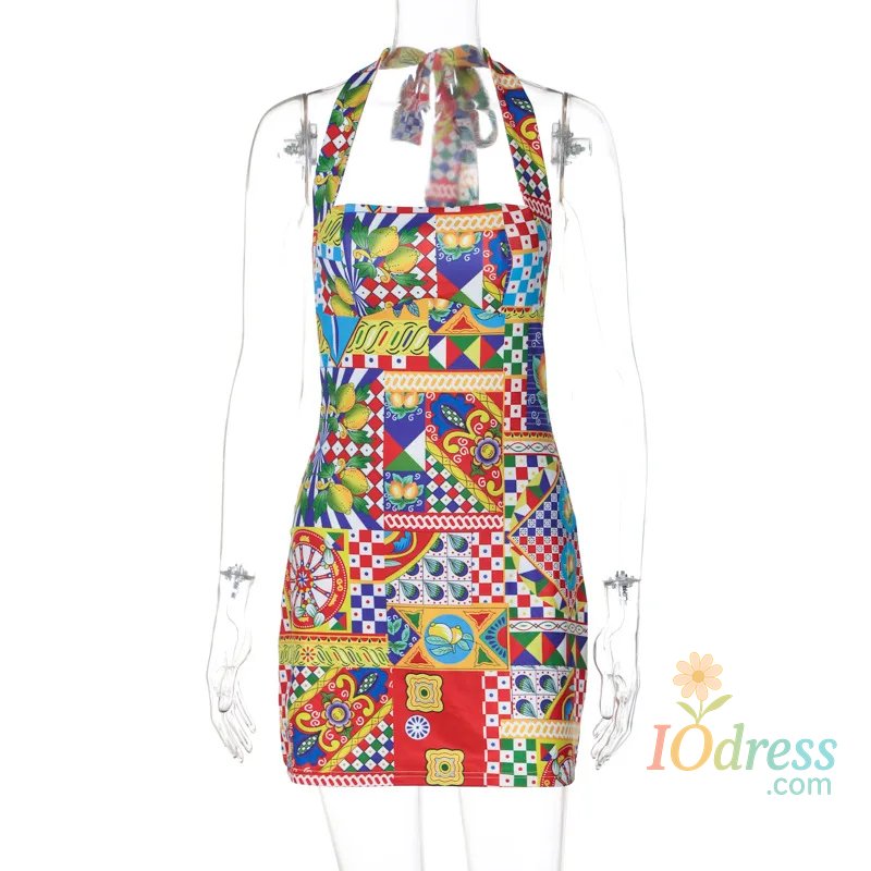 IO Dress Bandage Halter Sexy Y2K Print Party Club Birthday Mini Dress Outfits Women Summer Streetwear Backless Bodycon Dresses Vestido IO Dress