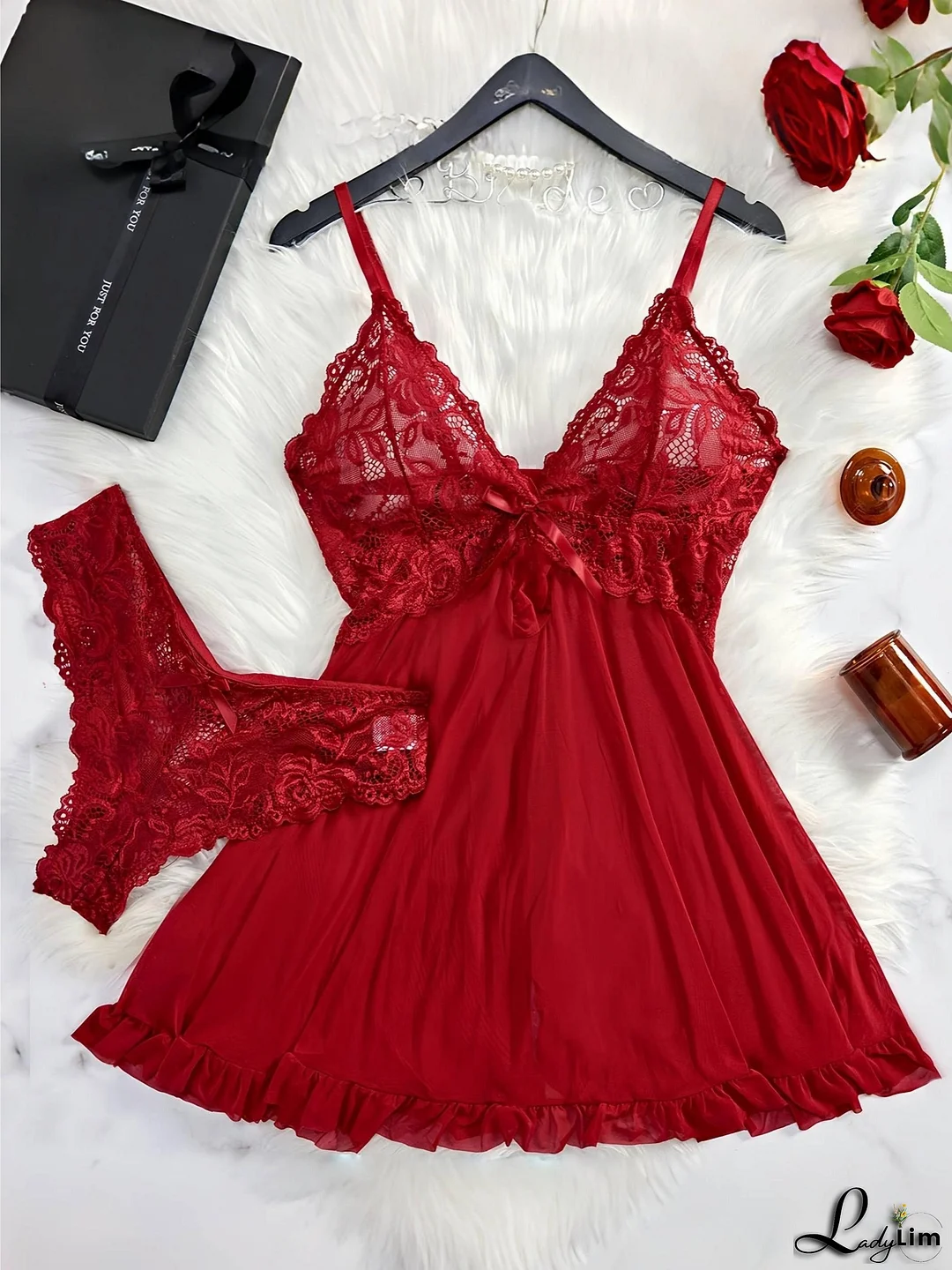 2pcs V-Neck Sexy Hot Contrast Lace Mesh Chemise Babydoll Naughty Lingerie Dress Set Nightwear Nightgown, All-Season Polyester Slip Dress Loungewear