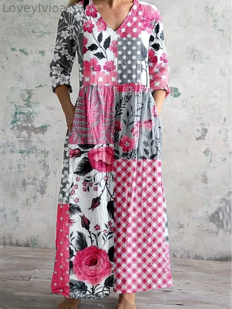 Women's V-Neck Vintage Geometric Rose Floral Print Dress with Pockets