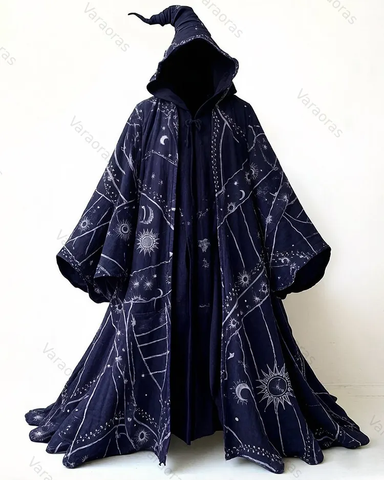 Men's Fashion Star and Moon Print Cotton Linen Hooded Cape  9083