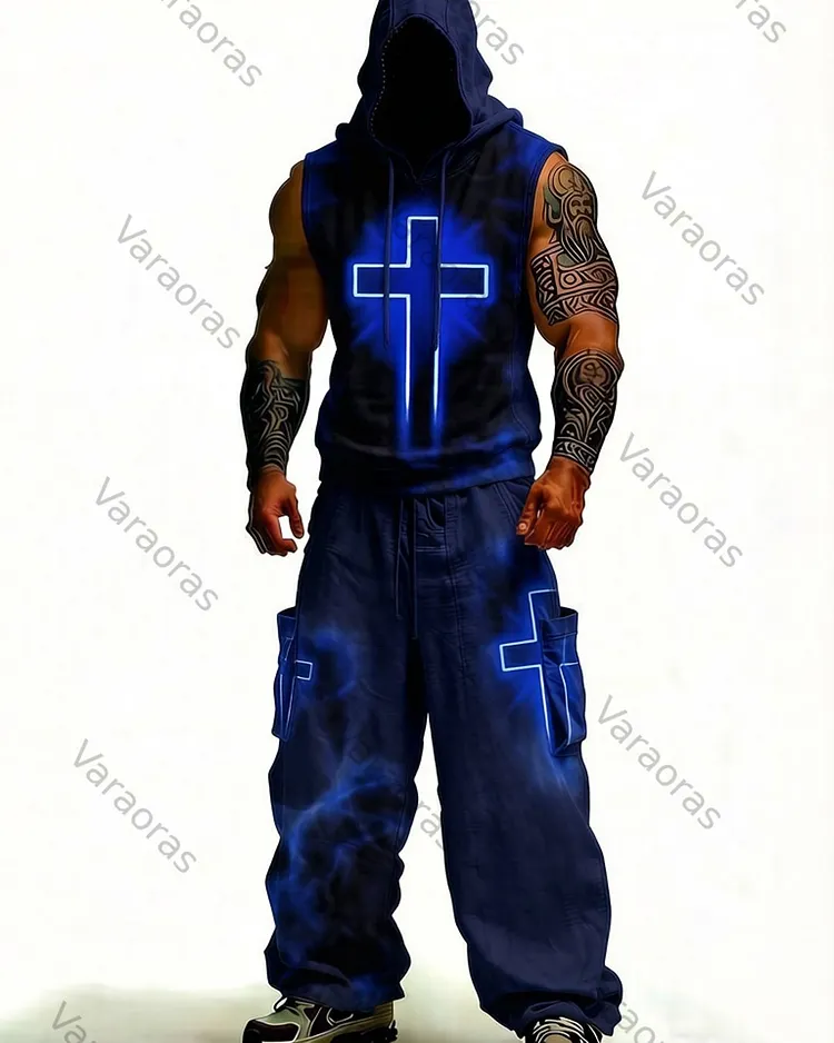 Men's Fashion Cross Embroidered Hooded Sleeveless Top and Pants Two-Piece Set3624