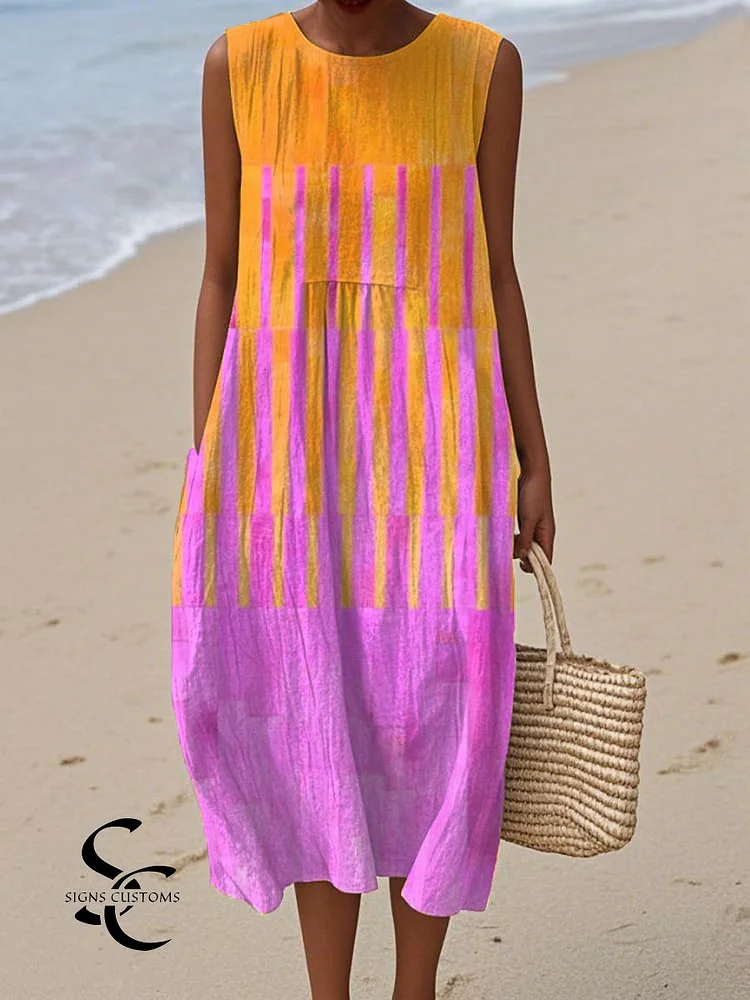 Women's Vintage Abstract Geometric Art Print Sleeveless Cotton Pocket Wrap Dress