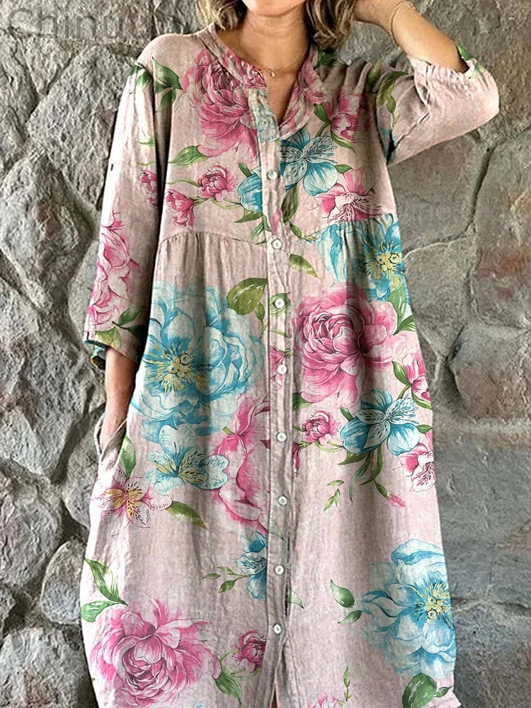 Women's Elegant Vintage Rose Floral Shirt Style Cotton and Linen Dress