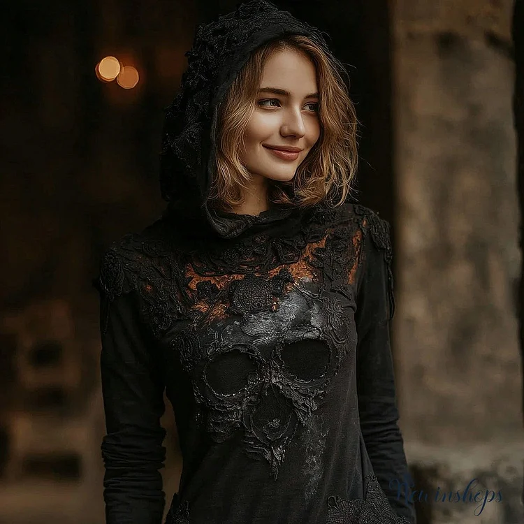 Women's Halloween Skull Embroidered Hooded Long-sleeved T-shirt