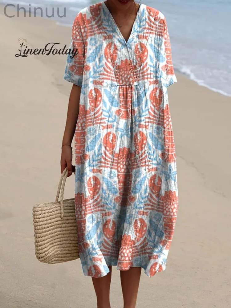 Lobster And Sea Shell Seamless Pattern Printed Women's Flowy Dress