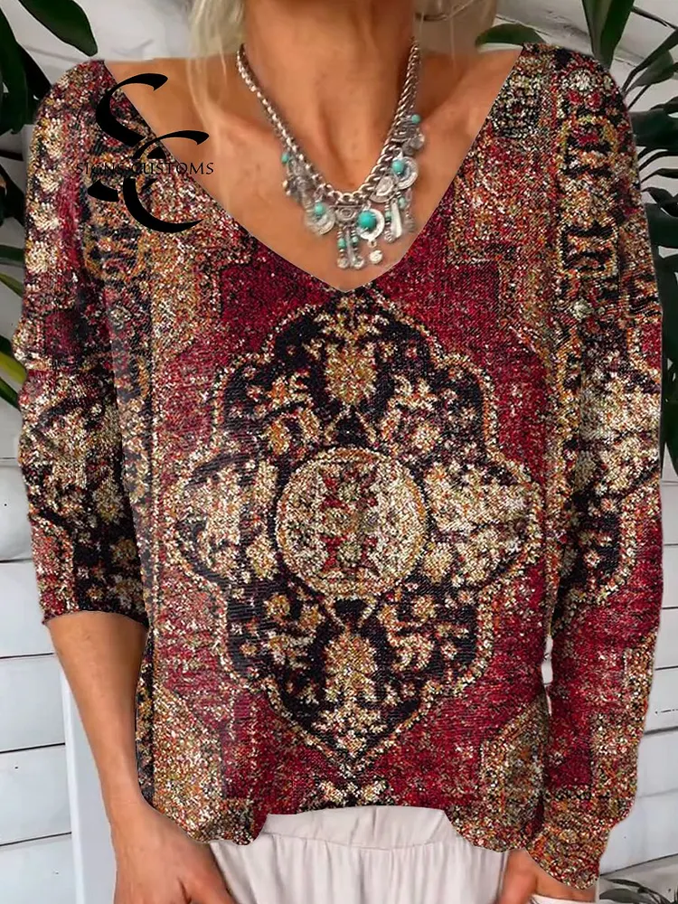 Women's Symmetrical Vintage  Art Print V-neck Pullover Knit Top