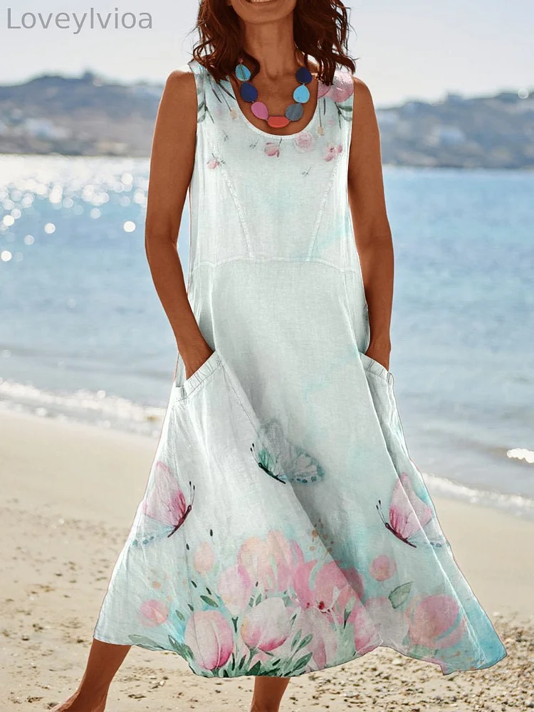 Women‘s Spring Flowers Watercolor Butterfly Pattern Pocket Pinafore Linen Dress