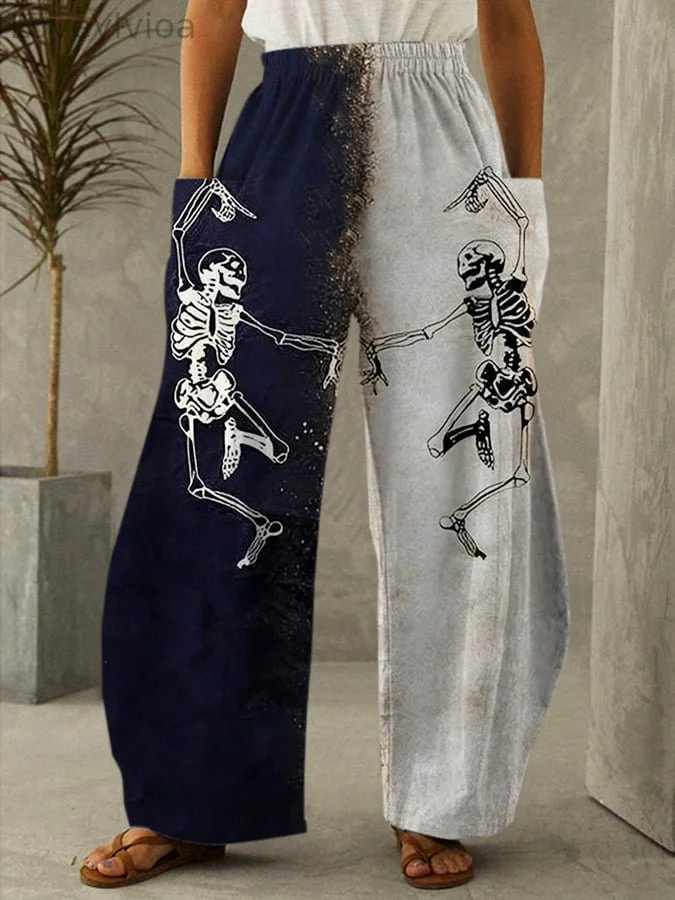 Women's Dancing Skull Print Comfort Wide Leg Pants