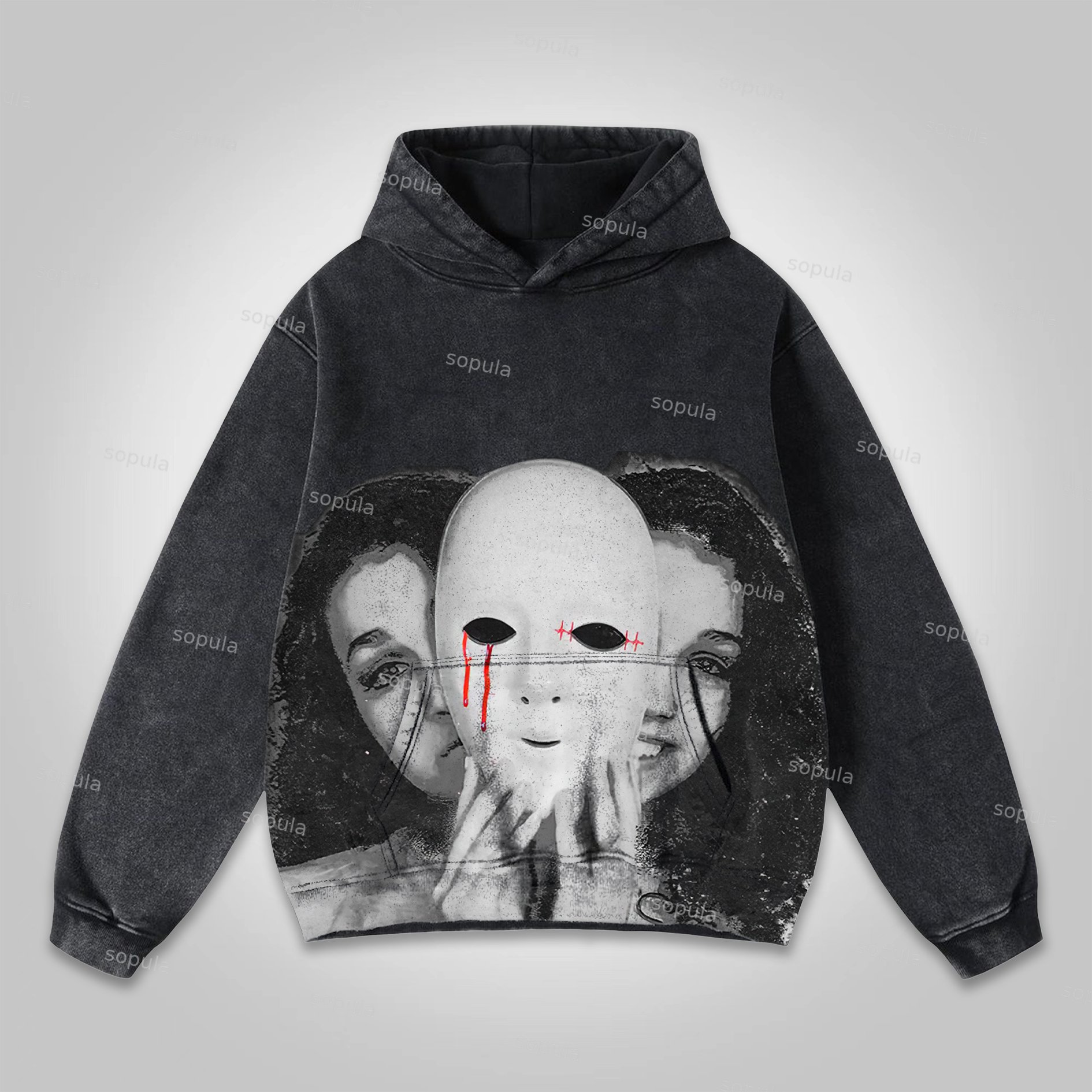 Relaxed Vintage Graphic Mask Casual Street Washed Hoodie