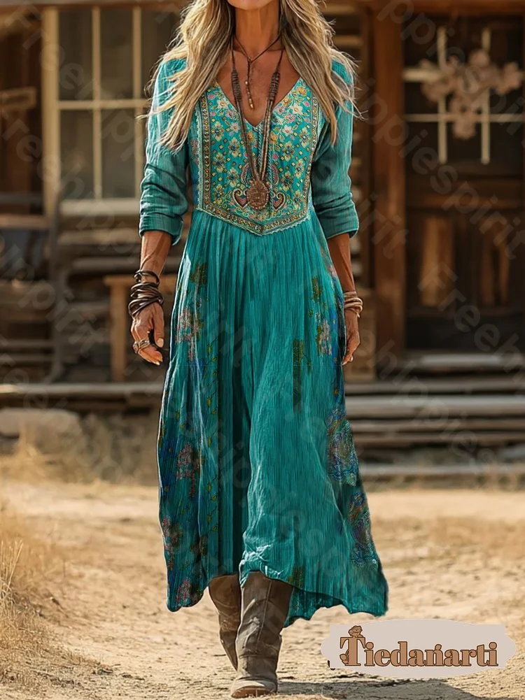 Women's Vintage Ethnic Floral Print Artistic Pocket Cotton Dress