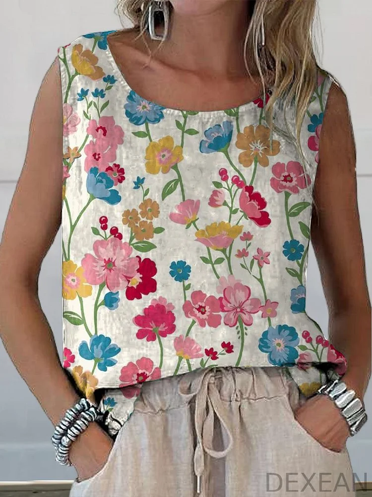 Women's Vintage Elegant Floral Art Print Casual  Cotton And Linen Tank Top