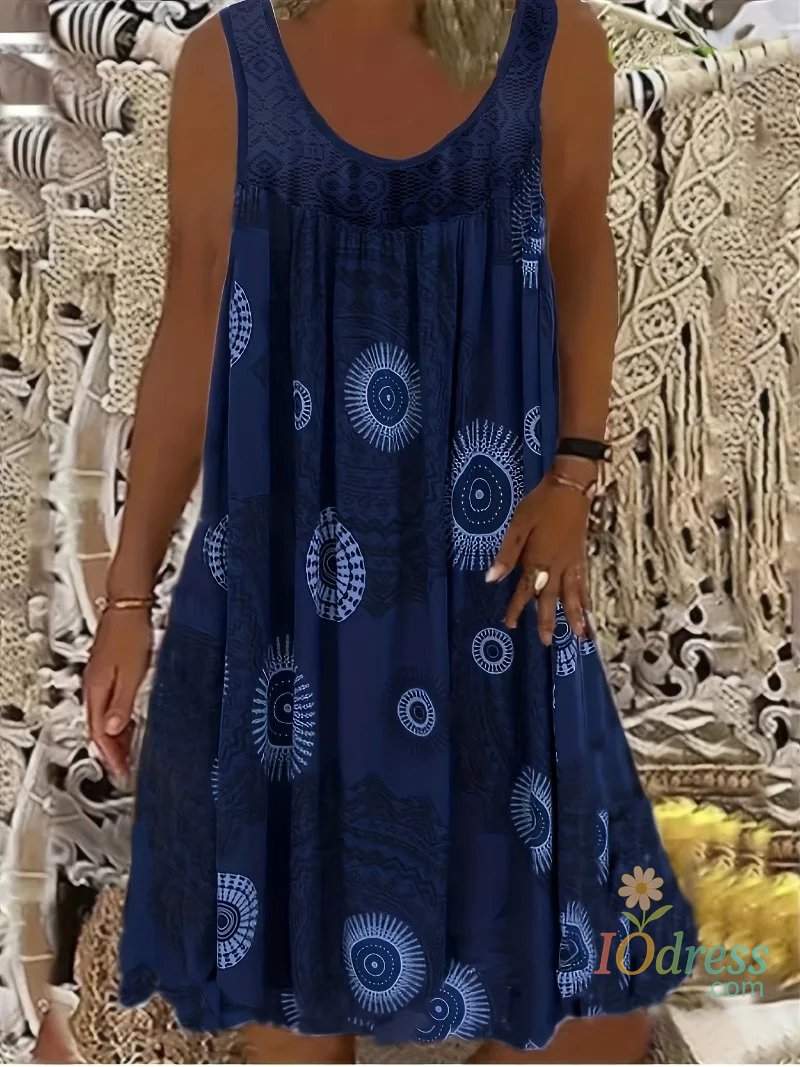 IO Dress Plus Size 1XL-8XL Women's Sleeveless Dress Lace Panel Printing Sleeveless Large Hem Vest Dress IO Dress