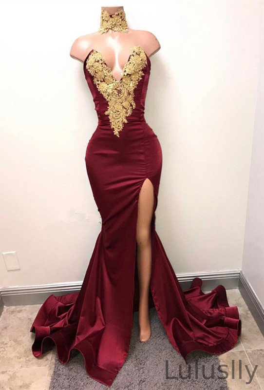 Luluslly Burgundy Mermaid Prom Dress Sweetheart With Gold Appliques