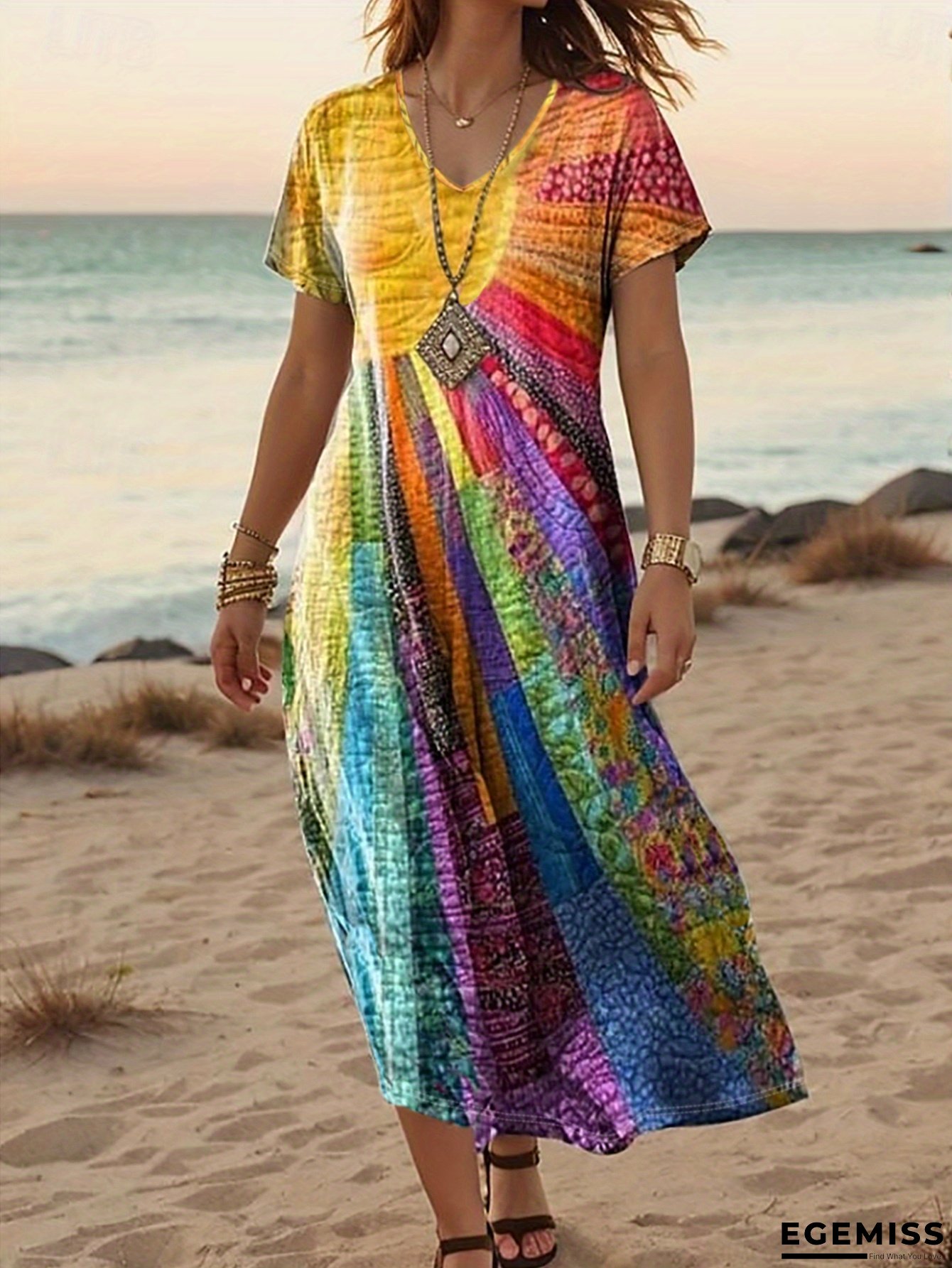 [Vibrant Tie-Dye Maxi Dress] Lightweight Polyester Vibrant Tie-Dye Maxi Dress For Women | V-Neck, Short Sleeve, Perfect For Summer Beach Vacations And Casual Outings, Beach Dress | EGEMISS
