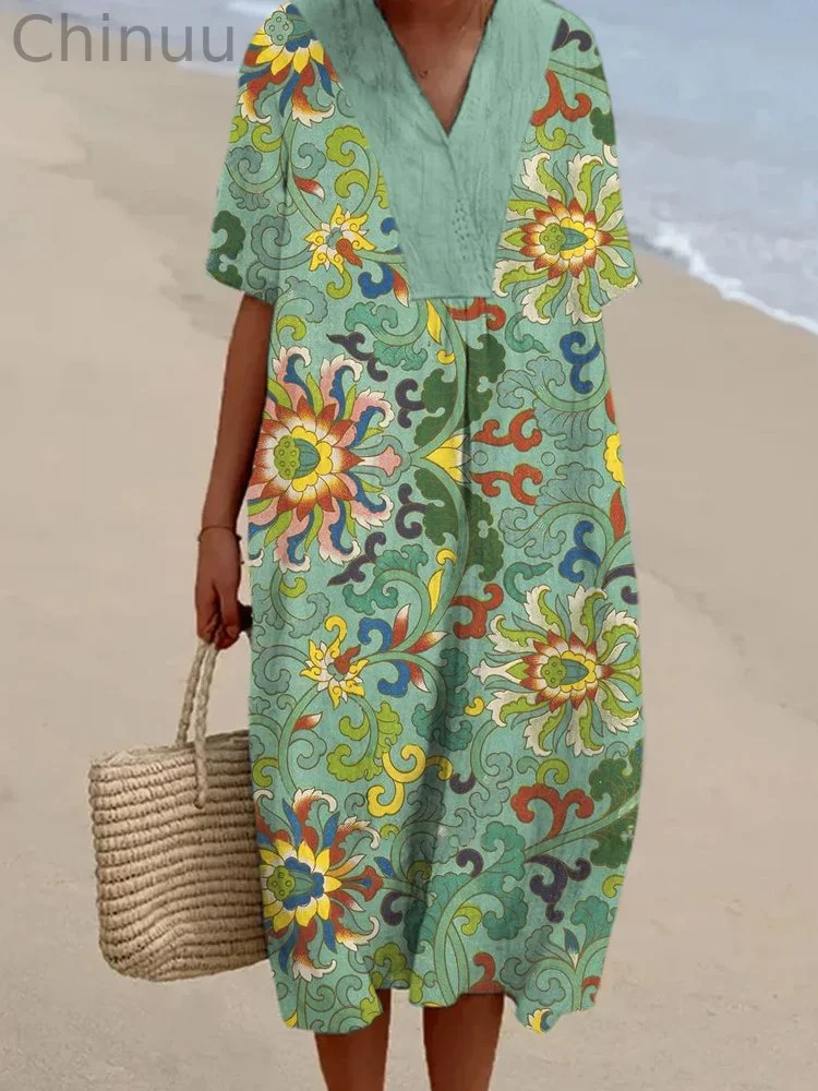 Ethnic Vintage Floral Print Women's V-Neck Maxi Dress