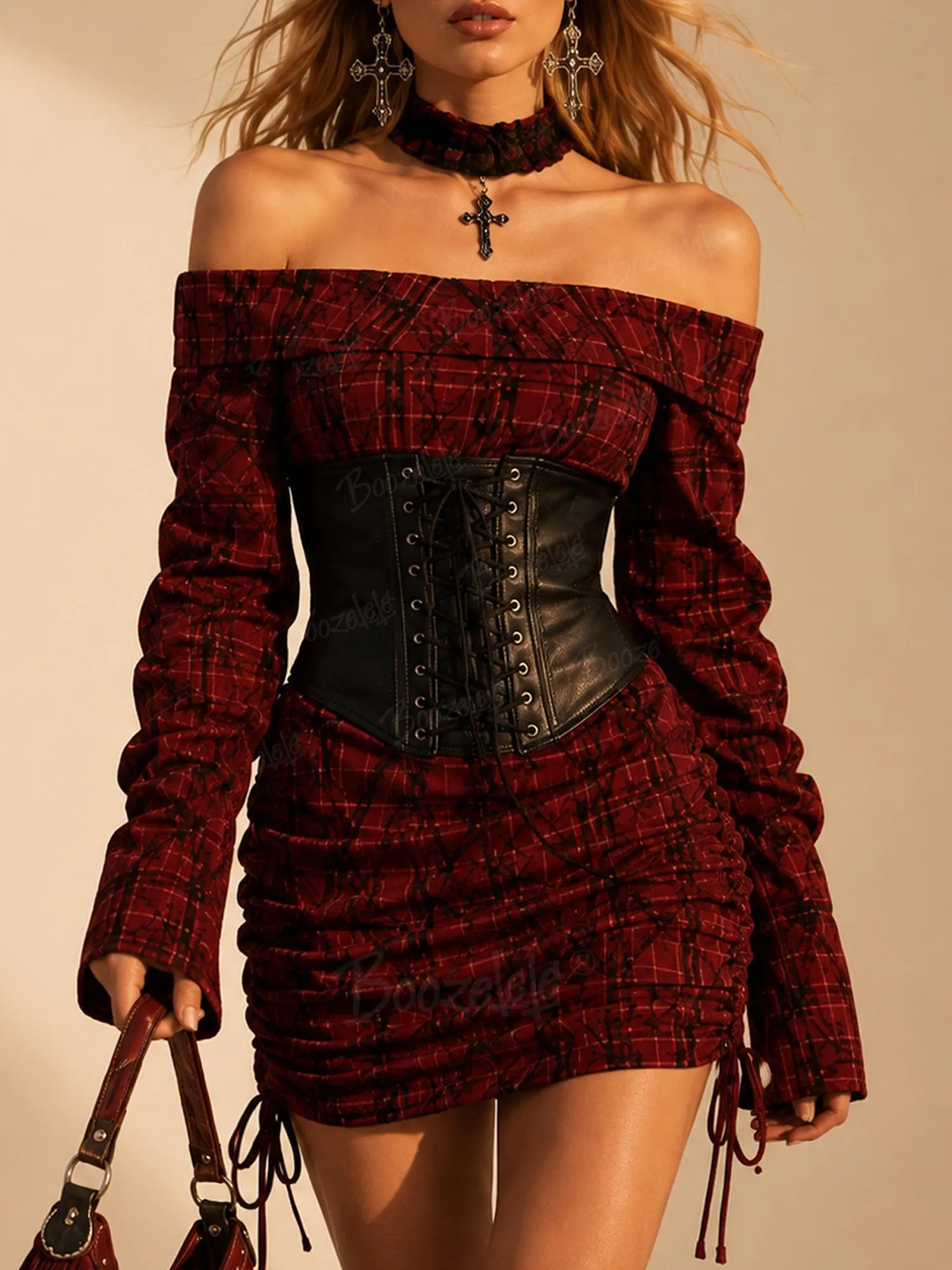 Women's Wine Red Ruched Drawstring Goth Western Bodycon Mini Dress