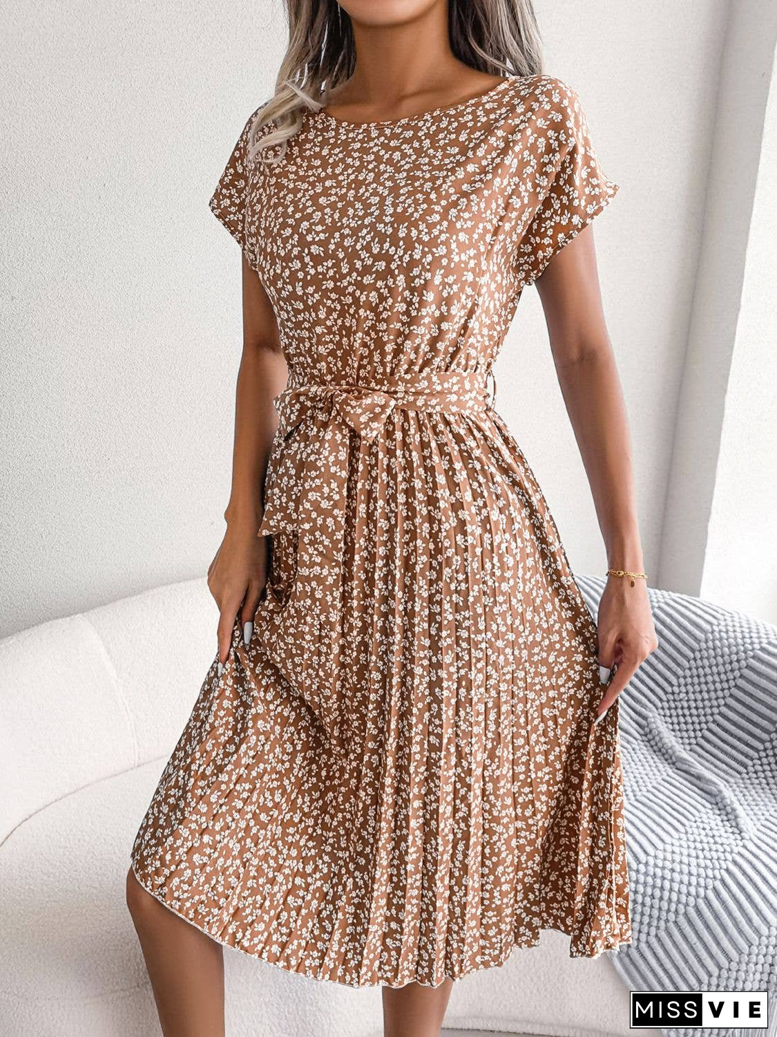 Ditsy Floral Pleated Belted Dress
