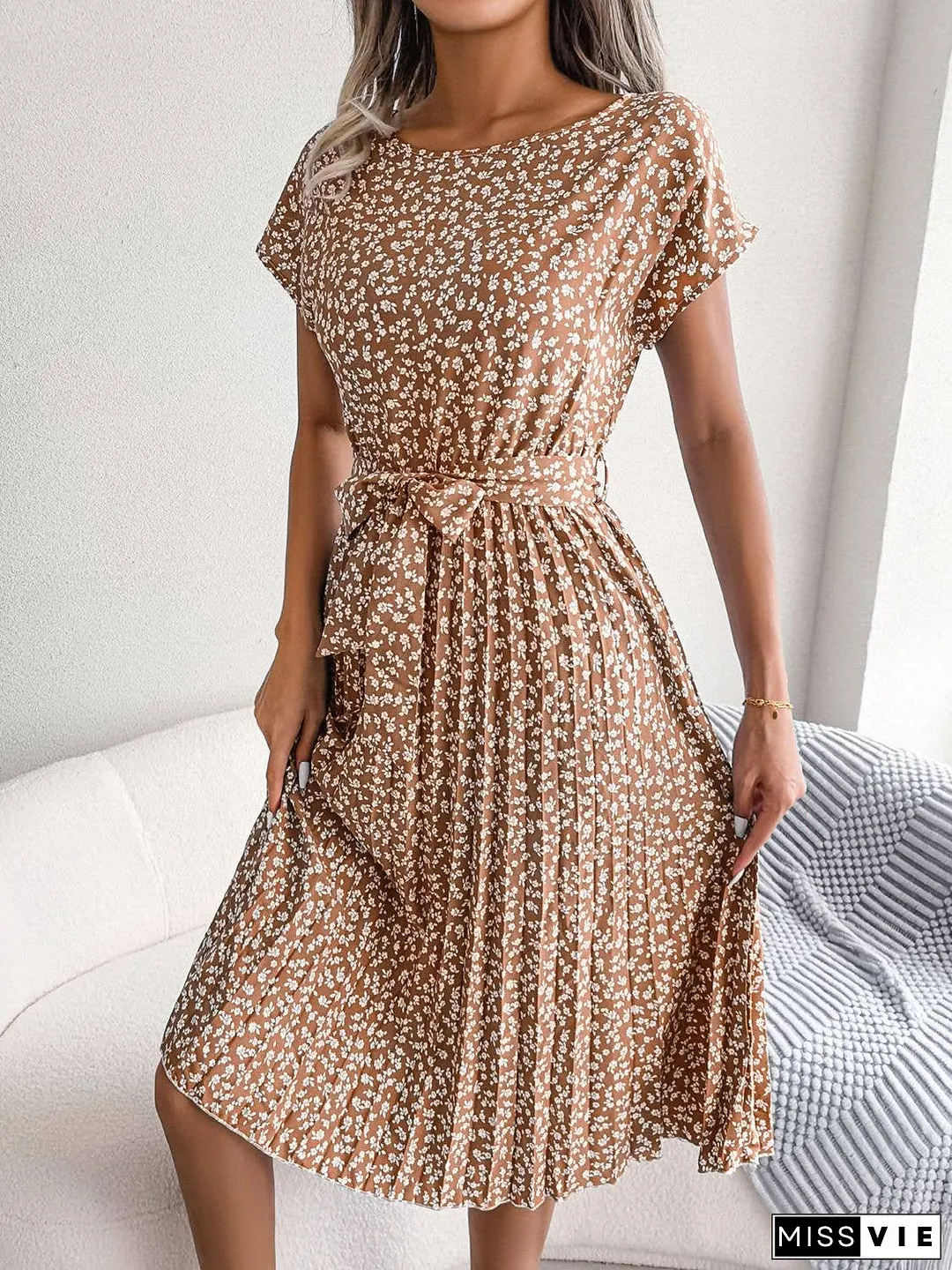 Ditsy Floral Pleated Belted Dress