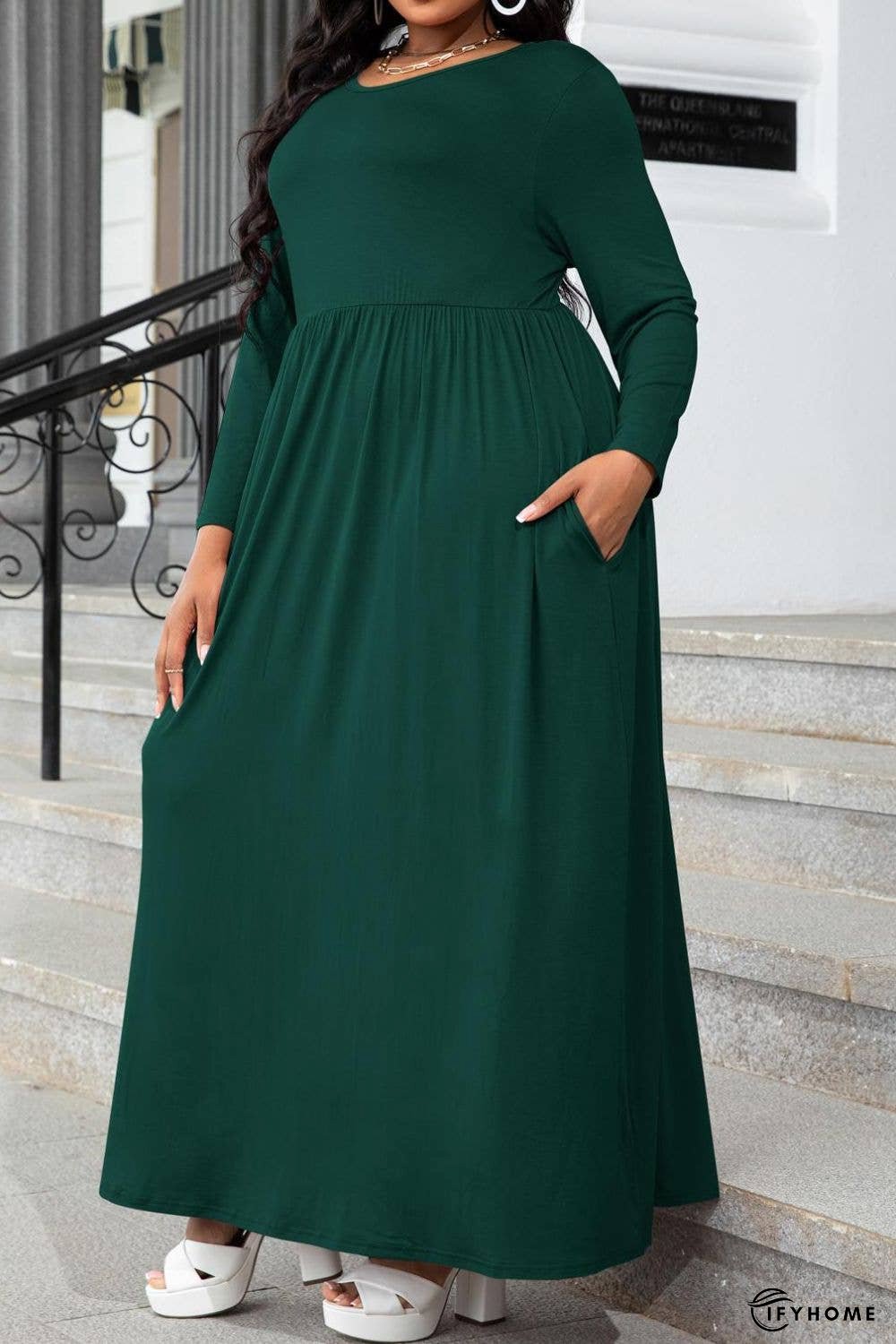 Plus Size Round Neck Long Sleeve Maxi Dress with Pockets | IFYHOME