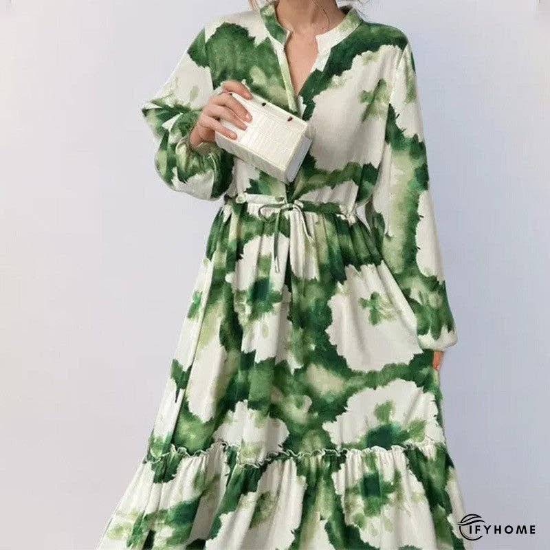 Lantern Sleeve Printed Cinched Waist Long Sleeve Dress | IFYHOME