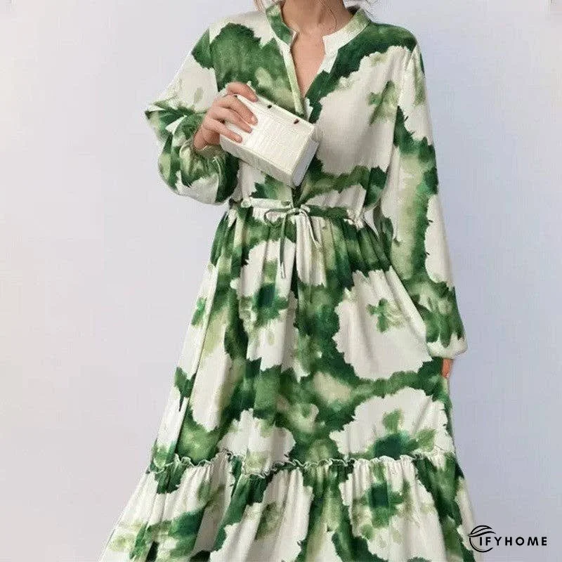 Lantern Sleeve Printed Cinched Waist Long Sleeve Dress | IFYHOME