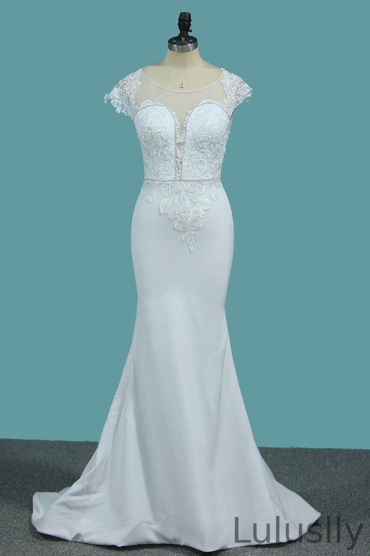 Luluslly Bateau Beadings Long Mermaid Wedding Dresses With Lace Appliques