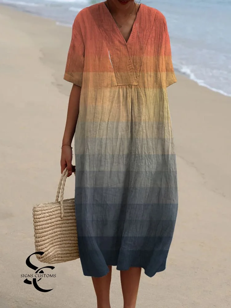 Women's V-Neck Vintage Orange & Blue Mosaic Gradient Linen Loose Dress