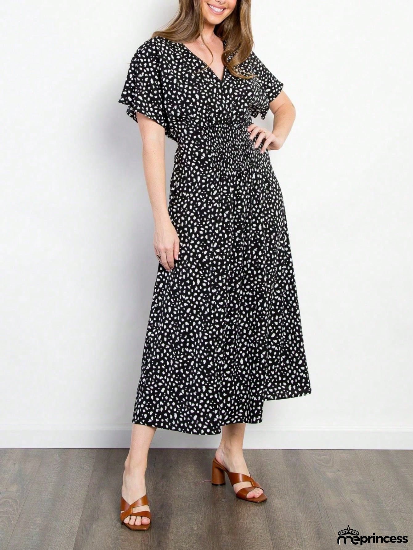 Women's Casual Maxi Dress Elegant Polka Dot Wrap Dress Black Short Flutter Sleeves V-Neck Lightweight Fabric Relaxed Fit Suitable For Spring/Summer Perfect For Outings Garden Parties And Daytime Events