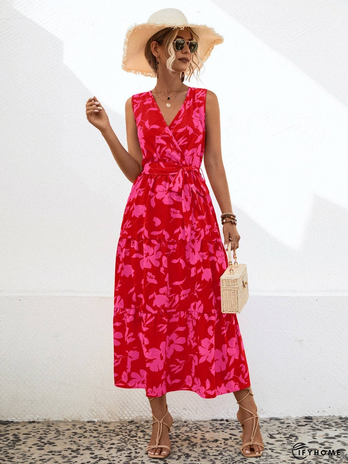 Tied Printed Surplice Tiered Dress | IFYHOME