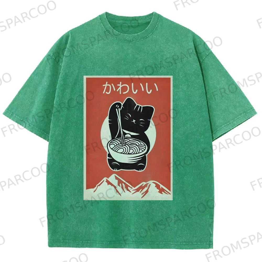 Ramen Cat Washed Vintage Short Sleeves T-Shirt