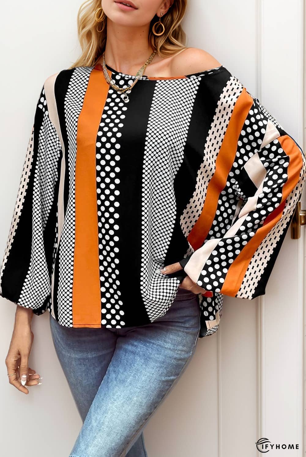 Polka Dot Vertical Striped Printed Puff Sleeve Blouse | IFYHOME