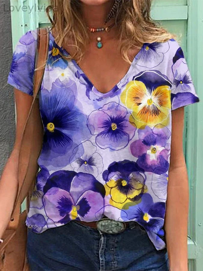 Women's Alzheimer's Purple Floral V-Neck T-Shirt