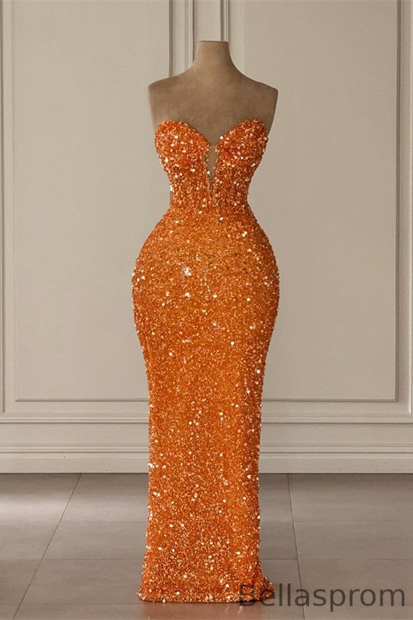 Bellasprom Orange Sweetheart Sequins Prom Dress Sleeveless Long Online Bellasprom