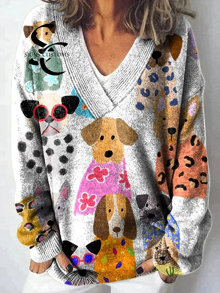 Vibrant Knit Sweater with Multicolored Cartoon Dog Prints and a V-Neck Design