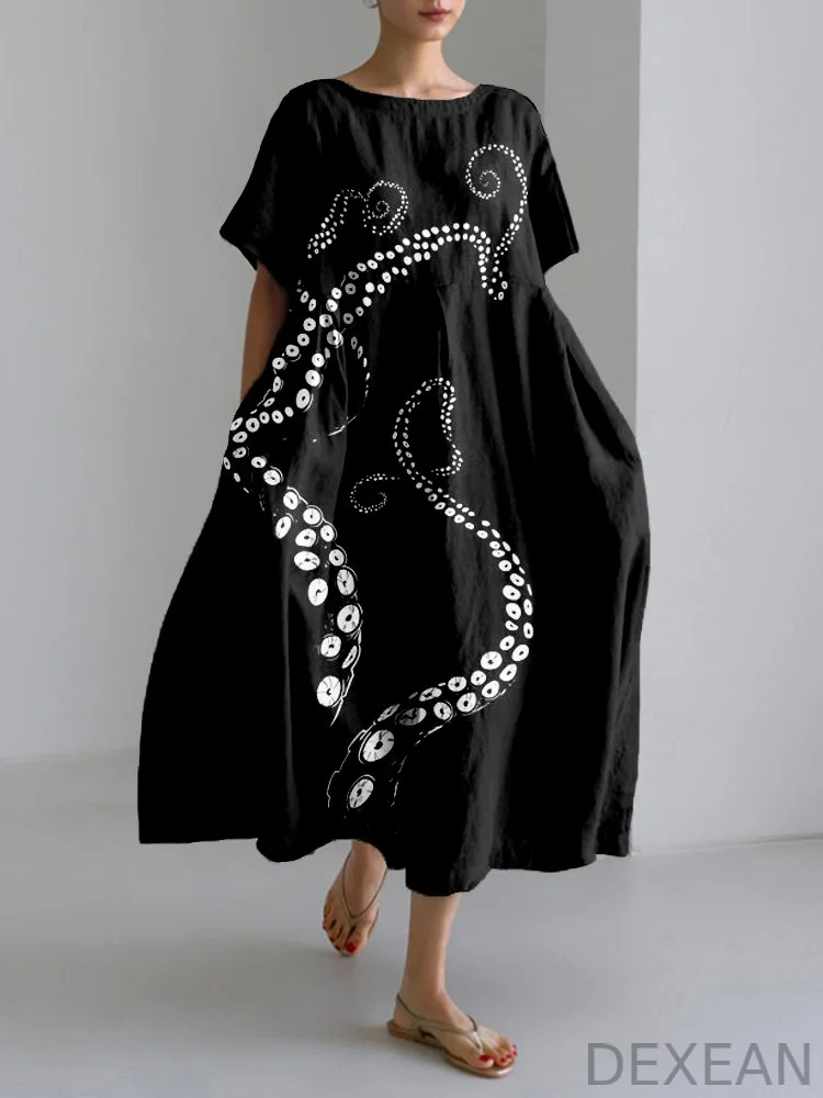 Octopus Tentacle Pattern Linen Blend Maxi Dress