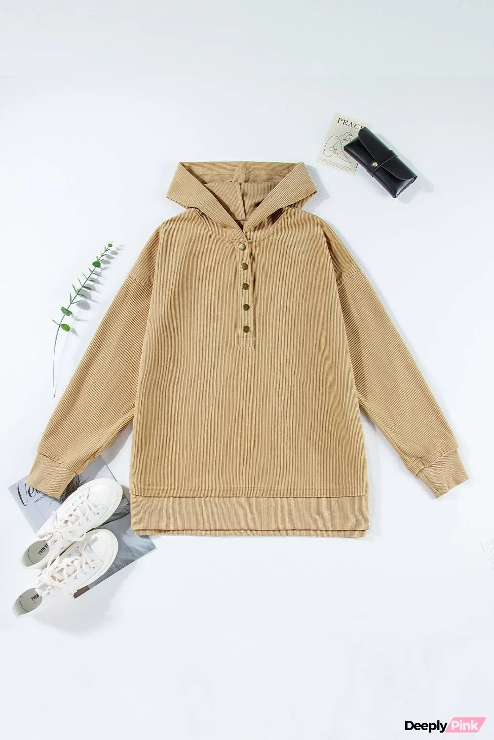 Solid Ribbed Knit Buttoned Drop Shoulder Oversized Hoodie