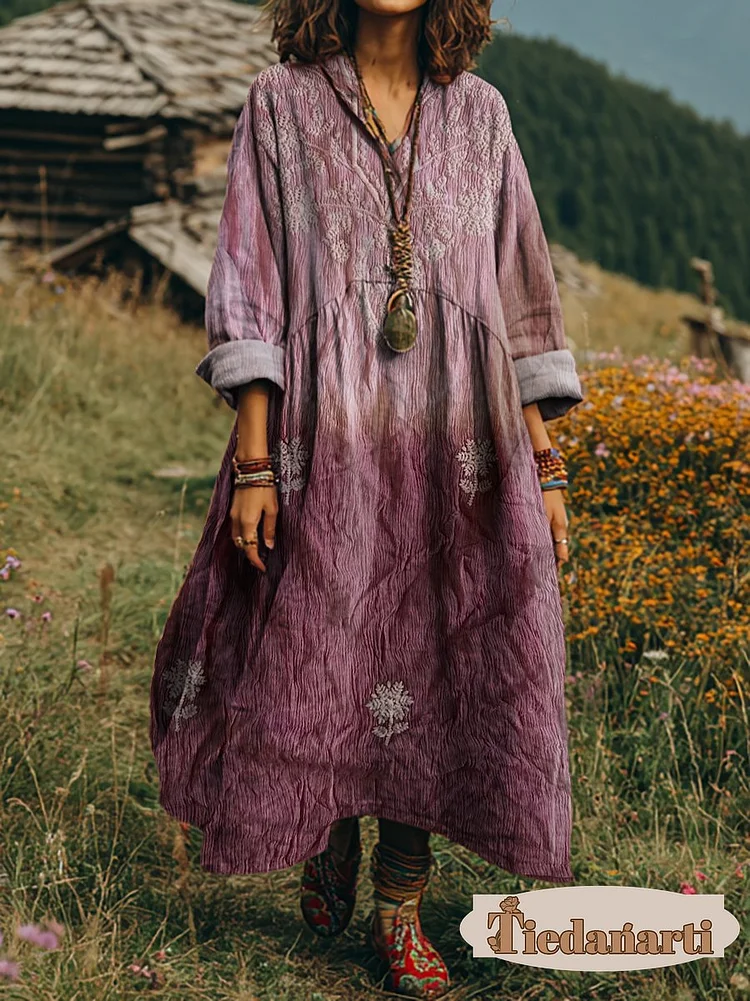 Women's Vintage Tie-dye Art Print V-neck Long-sleeved Cotton Dress With Pockets.